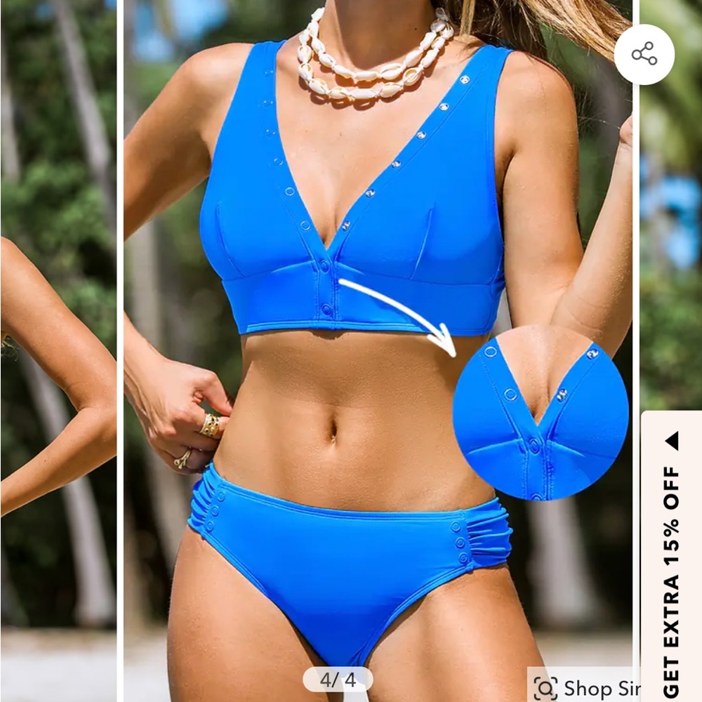 CUPSHE size Large Blue Snap Plunging Tankini Top & size XLARGE Bottoms Set NEW